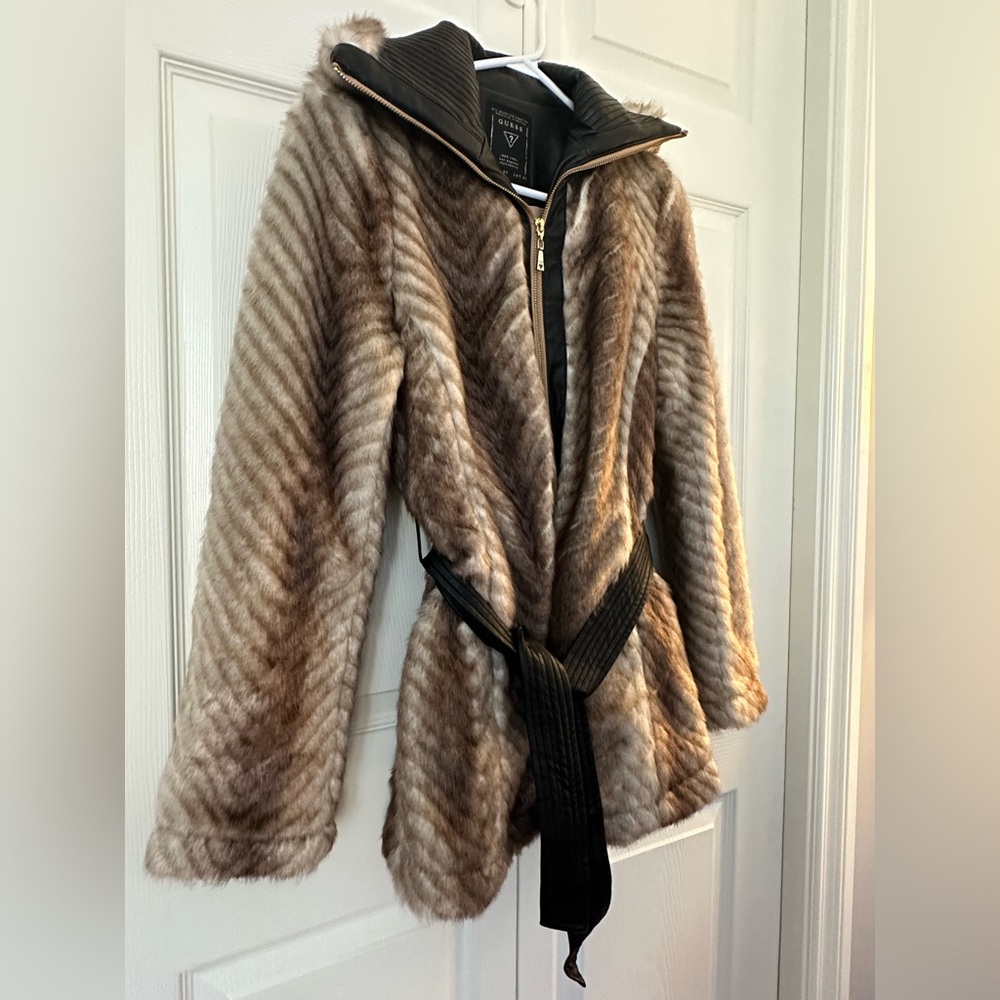 Guess Faux Fur Belted Jacket - Brown and Black - Picture 6 of 12